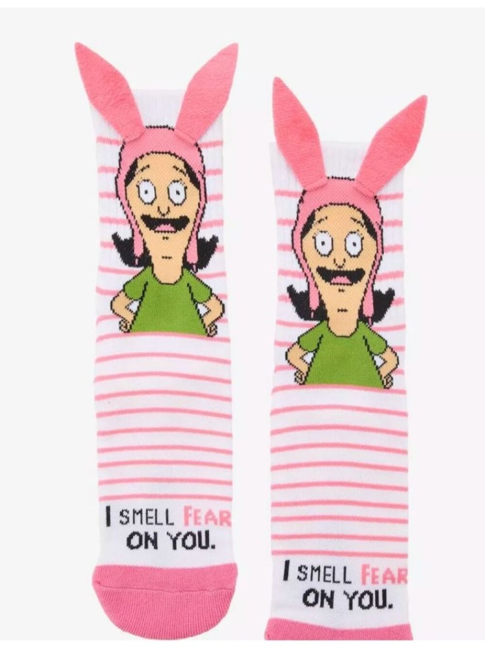 Bobs Burgers Louise Crew Socks With 3D Bunny Ears & "I Smell Fear" Text Design F